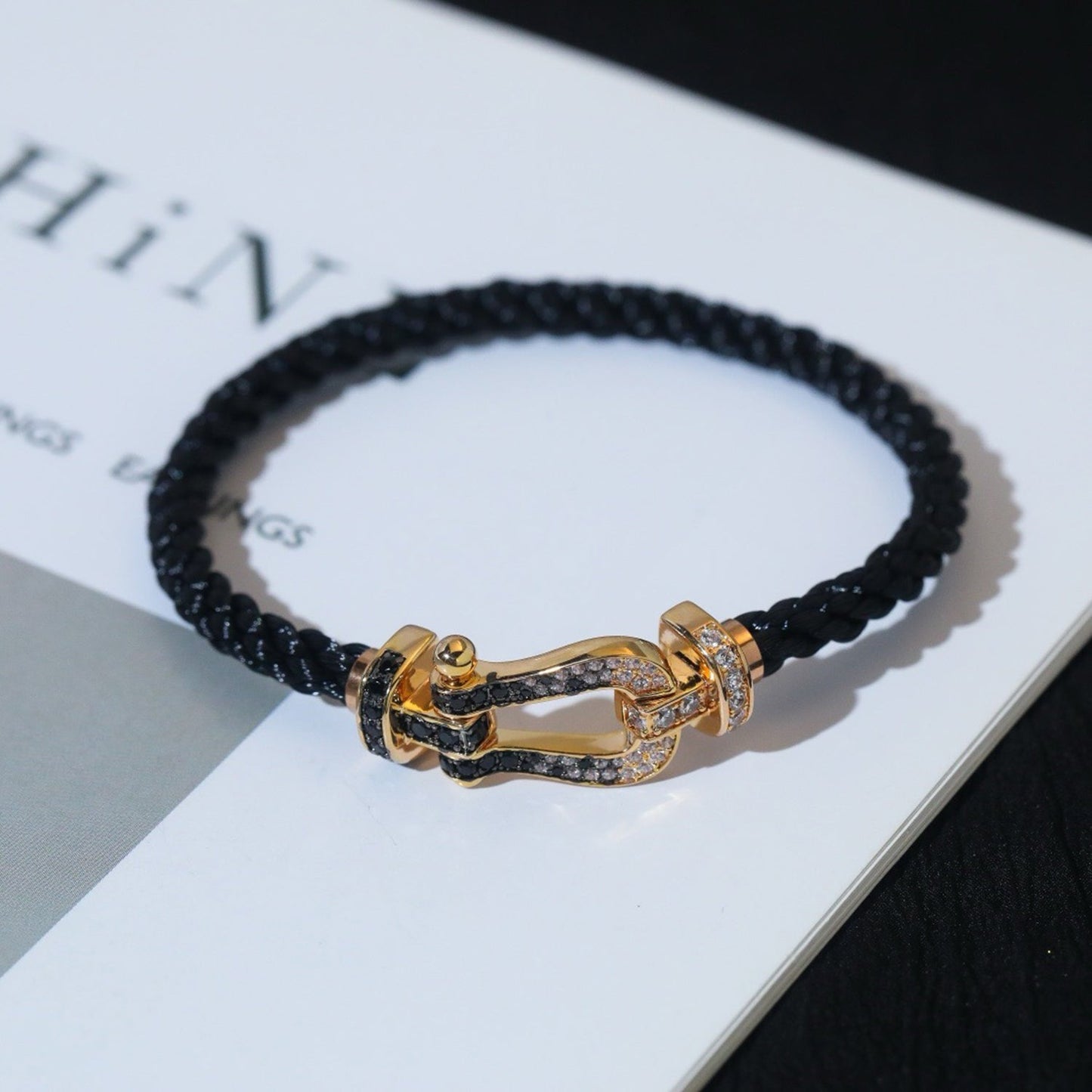 ˇGilded EraˇFORCE LARGE HORSESHOE BLACK WHITE DIAMOND BRACELET SILVER