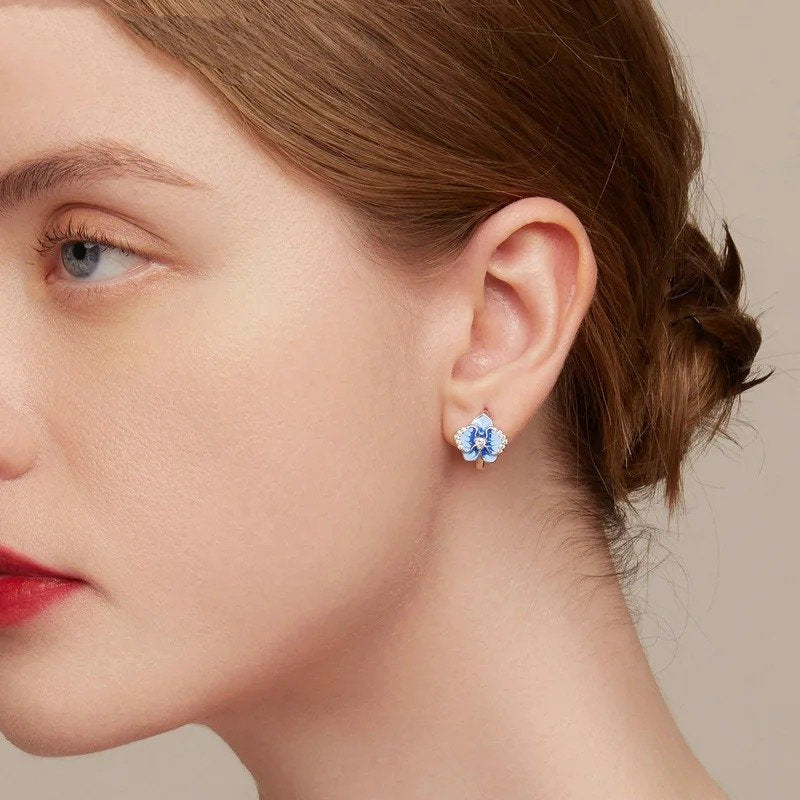 [STREET]Blue Enamel Butterfly Orchid Ear Clips Phalaenopsis Flower
